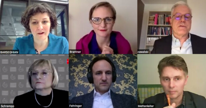 Screenshot der Videokonferenz mit Jeanne Barseghian, Franziska Brantner, Thomas Zawalski, Brigitta Schrempp, Dominik Fehringer und Bernd Mettenleiter.