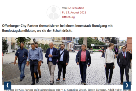 Vertreter der City Partner auf Stadtrundgang mit Cornelius Lötsch, Simon Bärmann, Adolf Huber, Martin Gassner-Herz und Thomas Zawalski.