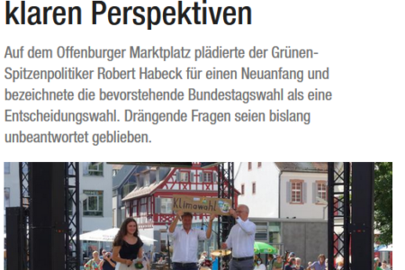 Artikel auf der Website der BNN. Auf dem Foto zu sehen sind (v. l.) Elisabeth Schilli, Robert Habeck und Thomas Zawalski auf der Bühne auf dem Offenburger Marktplatz