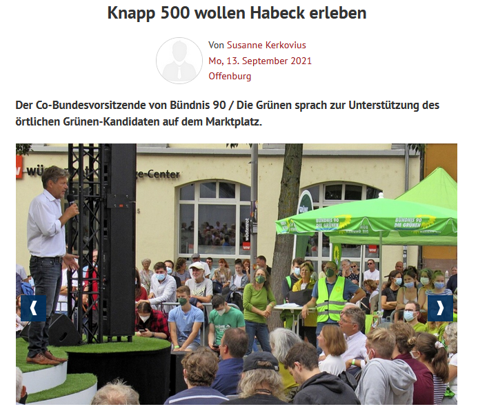 Artikel auf der Website der Badischen Zeitung. Auf dem Foto zu sehen ist Robert Habeck während seiner Rede auf dem Offenburger Marktplatz